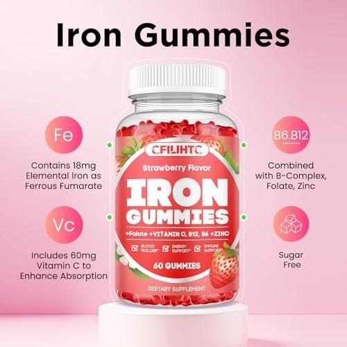 Iron Gummies for Women & Men - Iron Supplement with Vitamin B6, B12, C, Zinc, Folate for Adults & Kids - Support Iron Deficiency, Anemia, Energy Boost, Blood Builder - Sugar Free Vegan 60ct Strawberry - görsel 13