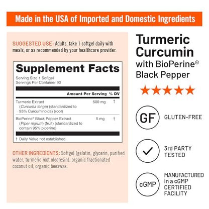 NatureWise Turmeric Curcumin 500mg with Black Pepper Softgels - Extra Strength, Enhanced Absorption - 95% Curcuminoids & BioPerine for Immune Support - Gluten-Free, Non-GMO - 90 Count [3-Month Supply]