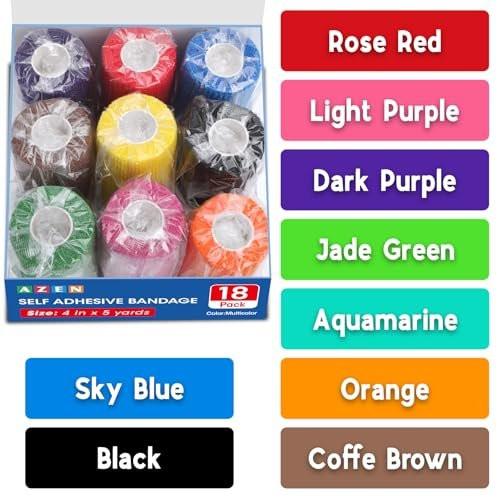 AZEN 18 Pack Self Adhesive Bandage Wrap, 4" X 5 Yards Elastic Cohesive Bandage Wrap, Color Athletic Tape, Tattoo Grip Tape Wrap, Ankle Tape, Vet Wrap - görsel 14