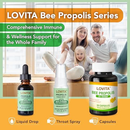 LOVITA Bee Propolis Liquid Extract, 5:1 Resin Drops with 18% Bioflavonoids, Alcohol-Free Antioxidant, Immune Support & Throat Soothing, Gluten-Free, Non-GMO, 1 Fl Oz (30 mL), 30 Day Supply