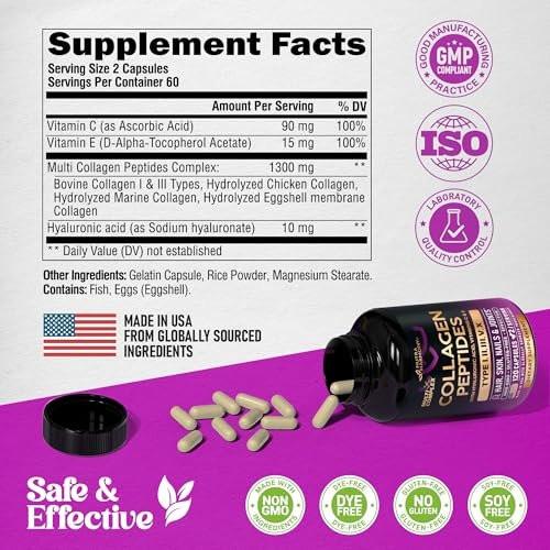 Multi Collagen Peptides - Hydrolyzed Types I, II, III, V & X - Collagen Supplement for Women 1300mg - w/ Hyaluronic Acid, Vitamins C & E - Skin, Hair, Nails & Joint Support - Lab Tested - 120 Capsules - görsel 9