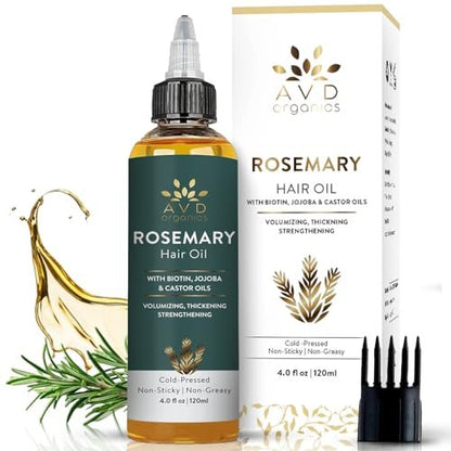 AVD ORGANICS Rosemary Oil for Hair Growth & Scalp | Infused with Biotin | Hair Strengthening Nourishing and Volumizing | Infused with Jojoba & Castor Oil | NON-GMO 120ml