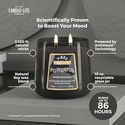 Candle-Lite Vibes Woody Patchouli Mood-Enhancing Scented Candle, 15 oz Jar, Aromatherapy, Proudly Poured in The USA, 2-Wick, 86 Hours Burn Time, Perfect Relaxation Gift