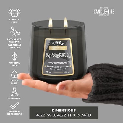 Candle-Lite Vibes Woody Patchouli Mood-Enhancing Scented Candle, 15 oz Jar, Aromatherapy, Proudly Poured in The USA, 2-Wick, 86 Hours Burn Time, Perfect Relaxation Gift