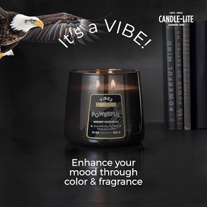 Candle-Lite Vibes Woody Patchouli Mood-Enhancing Scented Candle, 15 oz Jar, Aromatherapy, Proudly Poured in The USA, 2-Wick, 86 Hours Burn Time, Perfect Relaxation Gift