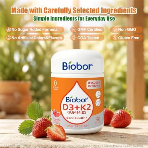 Biobor Natural Vitamin D3 K2 Gummies, 5000 IU Vitamin D3 & 100 mcg Vitamin K2 (MK-7), Supports Healthy Bone, Immune Health Supplement, No Sugar Added, GMO Free, Gluten Free (Strawberry, 90 Count) - görsel 9