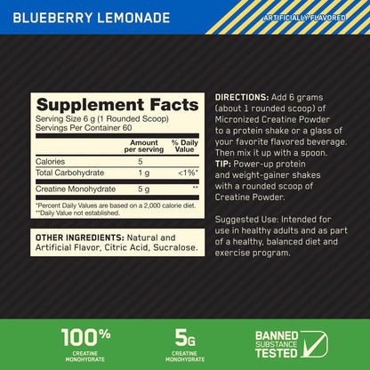 Optimum Nutrition Micronized Creatine Monohydrate Powder, Blueberry Lemonade Creatine, 60 Servings, 360 Grams (Packaging May Vary)
