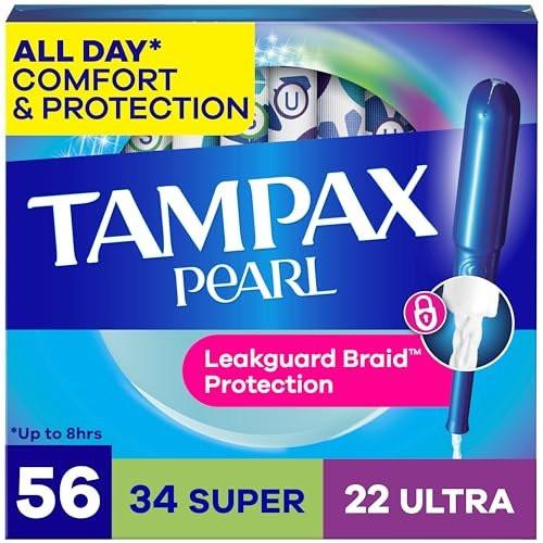 Tampax Pearl Tampons for Women Multipack, with LeakGuard Braid, Super/Ultra Absorbency, Unscented, 56 Count - görsel 1