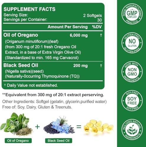 Nature's live Oil of Oregano with Black Seed Oil, 2 in 1 Oregano Supplement for Immune Health, Retains High Concentrated Carvacrol & Thymoquinone, Non-GMO, 60 Softgels, 1 Pack - görsel 9