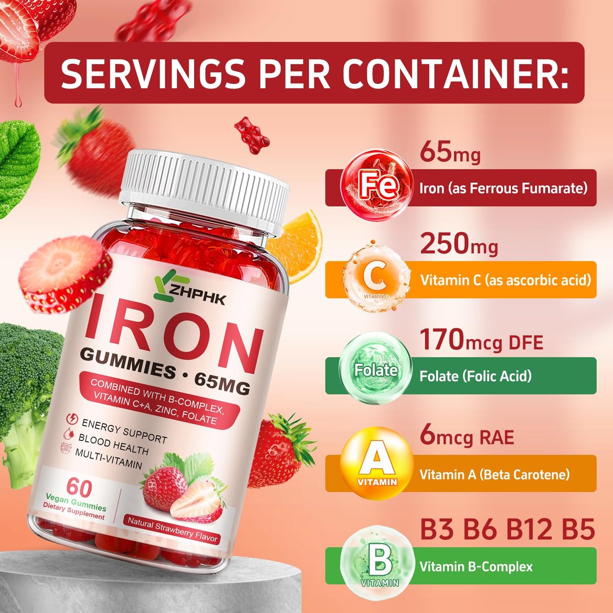 ZHPHK Iron Supplement Gummies, 65mg Iron for Women Men Kids, Natural Vegan Iron Gummy with Folate Gentle on Stomach, Gluten Free, Energy Support & Immune Health, 60 Gummies - görsel 11