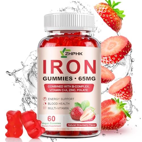 ZHPHK Iron Supplement Gummies, 65mg Iron for Women Men Kids, Natural Vegan Iron Gummy with Folate Gentle on Stomach, Gluten Free, Energy Support & Immune Health, 60 Gummies - görsel 2