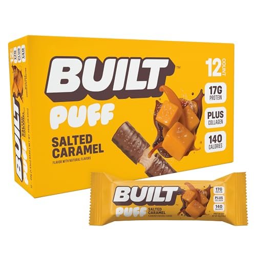 BUILT Bar Puff Protein Bars - Salted Caramel - 17g Protein Snack Bars with Collagen - Calorie Conscious & Gluten Free - 12 Count - görsel 8