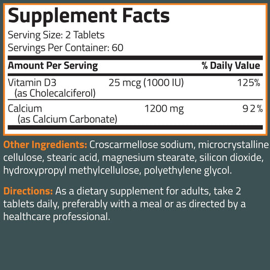 Bronson Calcium 1200mg Per Serving Plus Vitamin D3 1000 IU High Potency Formula, Non-GMO, 120 Tablets