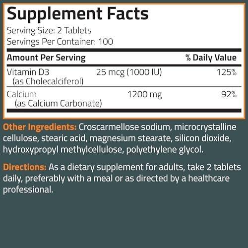 Bronson Calcium 1200mg Per Serving Plus Vitamin D3 1000 IU High Potency Formula, Non-GMO, 200 Tablets - görsel 3