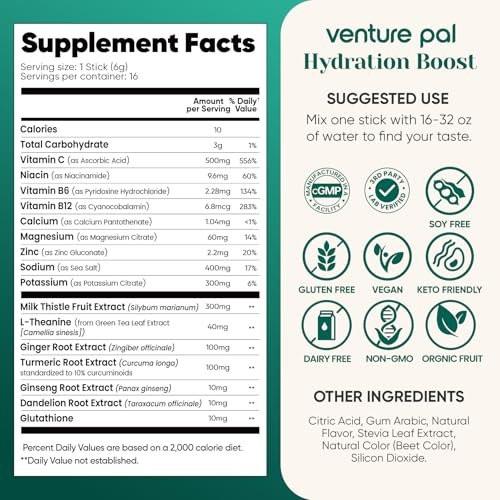 Venture Pal Hydration Packets + Liver Support - Liquid Daily IV Electrolyte Powder Packets with 7 Electrolytes & 5 Vitamins, Milk Thistle + L-Theanine | Sugar-Free | Keto Friendly | Vegan, 16 Sticks - görsel 17