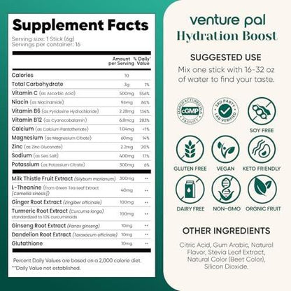 Venture Pal Hydration Packets + Liver Support - Liquid Daily IV Electrolyte Powder Packets with 7 Electrolytes & 5 Vitamins, Milk Thistle + L-Theanine | Sugar-Free | Keto Friendly | Vegan, 16 Sticks