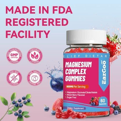 EAZGOO Magnesium Gummies 800mg - Vitamin D3, C, B6, B12 & Zinc Complex with Magnesium Glycinate, Citrate & Malate, Magnesium Complex Gummies for Muscle, Mood & Energy, Vegan 120 Counts
