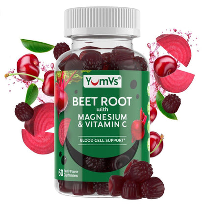 YumVs Beet Root Gummies with Magnesium & Vitamin C – Berry Flavor Beetroot Gummies – Nitric Oxide Support for Heart Health & Antioxidant Wellness – Vegan, Non-GMO – 60 Gummies