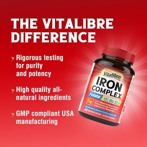 Iron Supplement for Women & Men, with Vitamins C, B6, B12 & Folate for Iron Deficiency, Blood Building & Energy Support, Stomach Friendly, Better Absorption, Non-GMO, No Gluten, 60 Vegan Caps - görsel 15