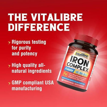Iron Supplement for Women & Men, with Vitamins C, B6, B12 & Folate for Iron Deficiency, Blood Building & Energy Support, Stomach Friendly, Better Absorption, Non-GMO, No Gluten, 60 Vegan Caps
