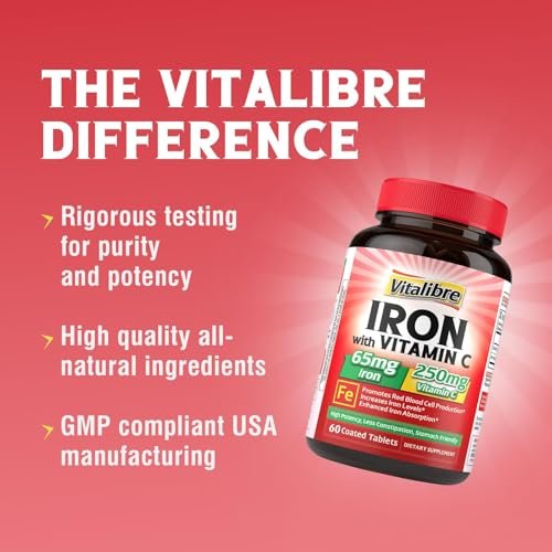 Iron Supplement, 65mg Carbonyl Iron with 250mg Vitamin C, Stomach Friendly Iron Pills for Blood Building Women & Men, High Absorption, No Nausea, No Constipation, Non-GMO, No Gluten, 60 Vegan Tabs - görsel 1