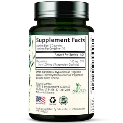 Magnesium Glycinate 1000mg Per Serving - Chelated Magnesium for Bone, Muscle, Nerves & Heart Health Support - Ultra Absorption - Natures Sleep Support, Best Mag Supplement Pill - 60 Capsules
