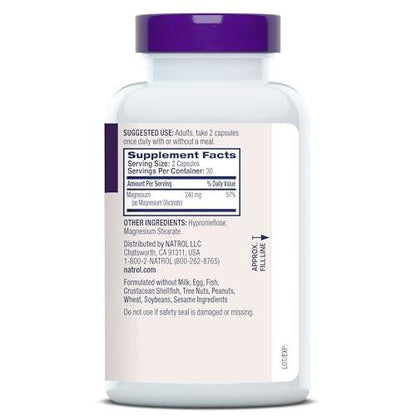 Natrol Magnesium Glycinate Supplements 240 mg - High Absorption - Calm Magnesium Glycinate for Sleep - 60 Capsules, 30 Day Supply