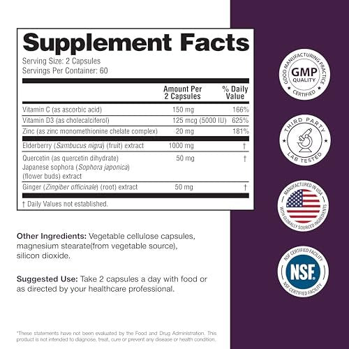 Elderberry Vitamin C and Zinc Capsules with D3 and Quercetin | 6-in-1 Immune Support Supplement Pills for Adults | 120 Count Sambucus Black Elderberry Natural Immunity Vitamins | Made in USA - görsel 7