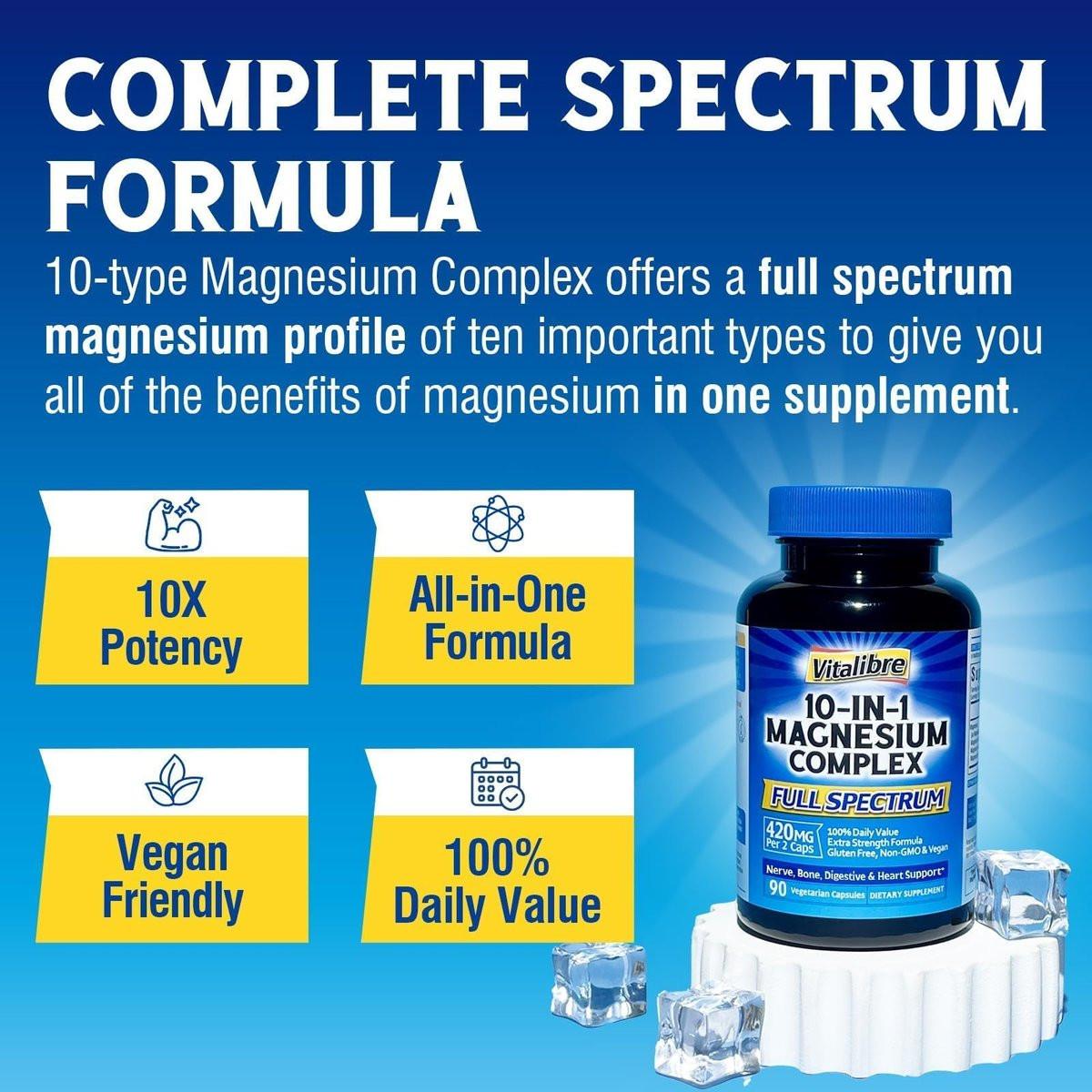Vitalibre 10 in 1 Magnesium Complex, 420mg Elemental Magnesium | Ultra Strength, Max Absorption | Chelated Magnesium Supplement for Nerves, Bone & Heart Health | Non-GMO, 90 Vegan Capsules - görsel 2