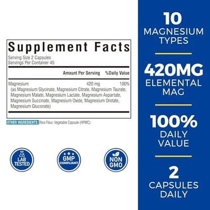 Vitalibre 10 in 1 Magnesium Complex, 420mg Elemental Magnesium | Ultra Strength, Max Absorption | Chelated Magnesium Supplement for Nerves, Bone & Heart Health | Non-GMO, 90 Vegan Capsules