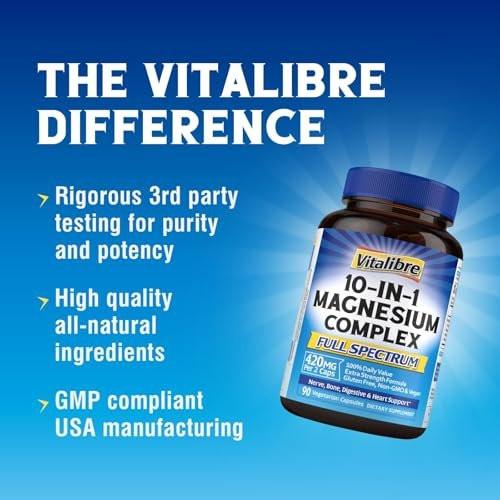 Vitalibre 10 in 1 Magnesium Complex, 420mg Elemental Magnesium | Ultra Strength, Max Absorption | Chelated Magnesium Supplement for Nerves, Bone & Heart Health | Non-GMO, 90 Vegan Capsules - görsel 4