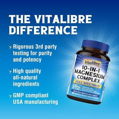 Vitalibre 10 in 1 Magnesium Complex, 420mg Elemental Magnesium | Ultra Strength, Max Absorption | Chelated Magnesium Supplement for Nerves, Bone & Heart Health | Non-GMO, 90 Vegan Capsules