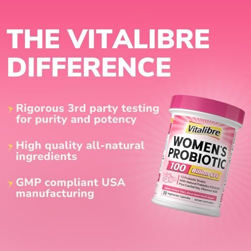 Vitalibre Probiotics for Women 100 Billion CFU 15 Strains, Daily Probiotic & Prebiotic Supplement with Organic Cranberry to Support Vaginal, Digestive, Immune Health, Shelf Stable, 30 Vegan Capsules - görsel 3