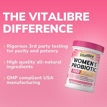 Vitalibre Probiotics for Women 100 Billion CFU 15 Strains, Daily Probiotic & Prebiotic Supplement with Organic Cranberry to Support Vaginal, Digestive, Immune Health, Shelf Stable, 30 Vegan Capsules