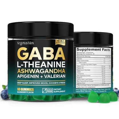 GABA Gummies 500mg Sugar-Free Calm Gummies with L Theanine, Ashwagandha, Magnesium, Vitamins D3, B6, Melatonin-Free for Calm, Mood, Zzz, GABA Supplement for Adult, Blueberry 60 Count (Pack of 1)