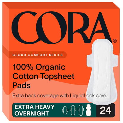 Cora 100% Organic Cotton Topsheet Pads Extra Heavy Overnight Pads (24 Count)