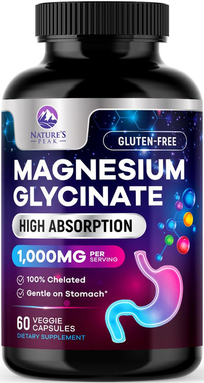 Magnesium Glycinate 1000mg Per Serving - Pure & Chelated for Max Absorption - Supports Sleep, Muscle, Nerve & Heart Health - Magnesium Supplement for Whole Body Support, Bottled in USA - 60 Capsules