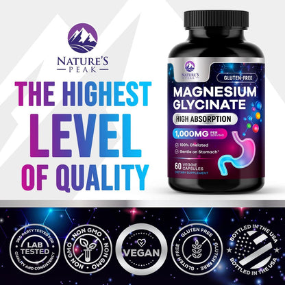 Magnesium Glycinate 1000mg Per Serving - Pure & Chelated for Max Absorption - Supports Sleep, Muscle, Nerve & Heart Health - Magnesium Supplement for Whole Body Support, Bottled in USA - 60 Capsules