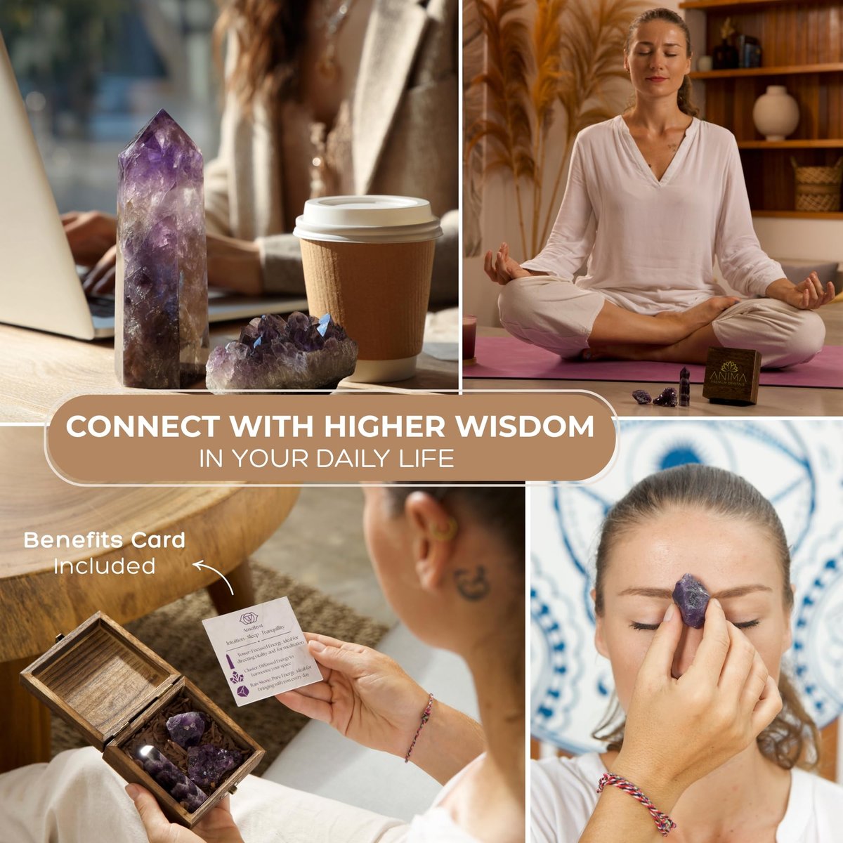 Anima Premium Amethyst Crystal Set for Peace, Deep Sleep & Intuition – Authentic Deep Purple Amethyst Geode, Tower and Raw Crystal from Brazil Presented in Wooden Gift Box - Responsibly Sourced - görsel 1