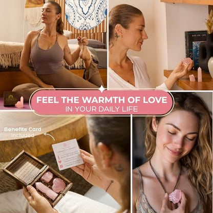 Anima Premium Rose Quartz Crystal Set for Love, Healing & Harmony – Authentic Madagascar Rose Quartz Heart Stone, Tower & Raw Crystal in Elegant Wooden Gift Box – Responsibly Sourced