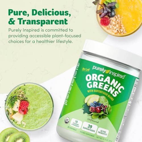 Purely Inspired Organic Greens Powder Superfood Smoothie Mix, Unflavored (30 Servings) - Super Greens with Probiotics, Spirulina & Chlorella for Gut & Digestive Health - Vegan - görsel 3