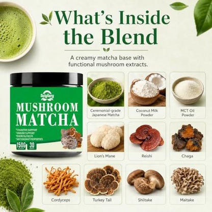 Suiyilary Mushroom Matcha, Ceremonial Matcha Tea Powder with 7 Superfood Mushrooms, Gluten Free, Taste Great Hot or Cold Matcha Latte - 150g 30 Serving