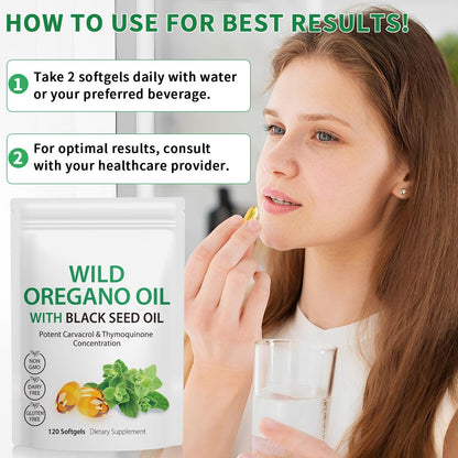 MXCZBSM Oregano Oil Capsules, 2 in 1 Oil of Oregano with Black Seed Oil, Oregano Oil Supplement Capsules, Organic Oil of Oregano Extract, Non-GMO, Gluten Free