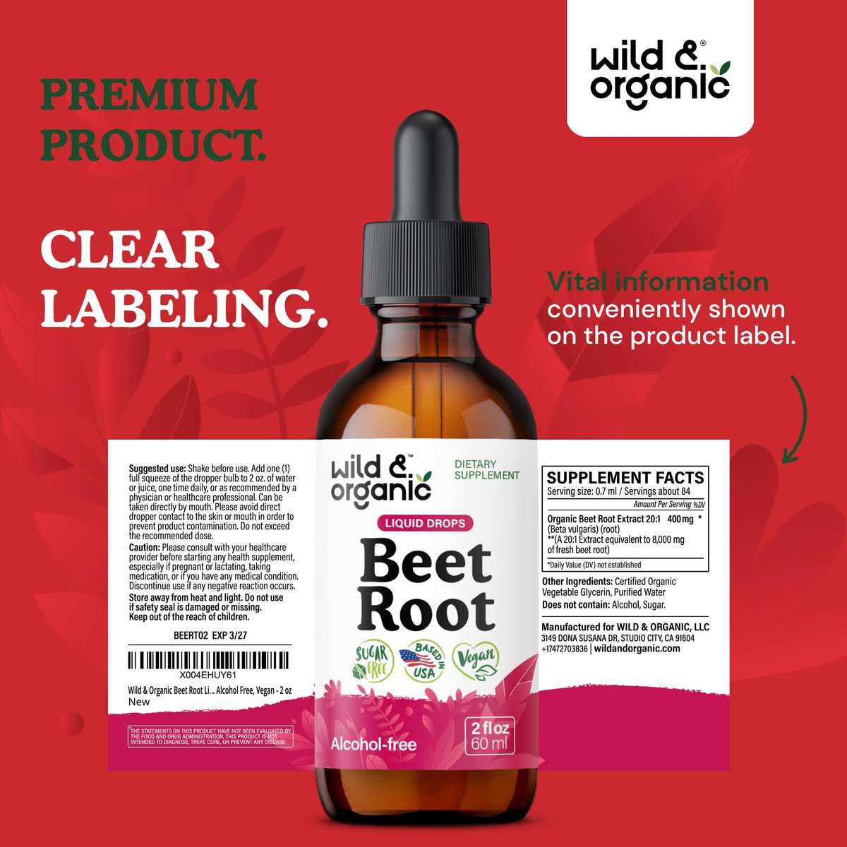 Wild & Organic Beet Root Supplements - Energy Support - Liquid Beetroot Extract Drops - 400 mg per Serving - Mix with Powder - Vegan, Sugar & Alcohol-Free - 2 fl oz - görsel 17