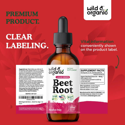 Wild & Organic Beet Root Supplements - Energy Support - Liquid Beetroot Extract Drops - 400 mg per Serving - Mix with Powder - Vegan, Sugar & Alcohol-Free - 2 fl oz