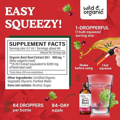 Wild & Organic Beet Root Supplements - Energy Support - Liquid Beetroot Extract Drops - 400 mg per Serving - Mix with Powder - Vegan, Sugar & Alcohol-Free - 2 fl oz