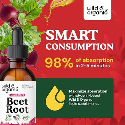 Wild & Organic Beet Root Supplements - Energy Support - Liquid Beetroot Extract Drops - 400 mg per Serving - Mix with Powder - Vegan, Sugar & Alcohol-Free - 2 fl oz