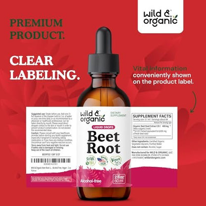 Wild & Organic Beet Root Supplements - Energy Support - Liquid Beetroot Extract Drops - 400 mg per Serving - Mix with Powder - Vegan, Sugar & Alcohol-Free - 2 fl oz