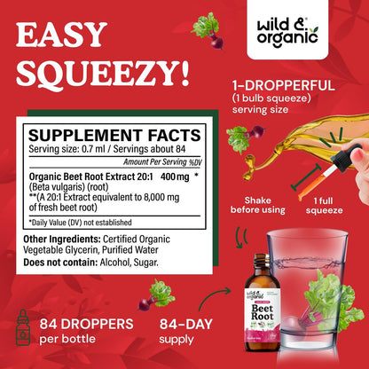 Wild & Organic Beet Root Supplements - Energy Support - Liquid Beetroot Extract Drops - 400 mg per Serving - Mix with Powder - Vegan, Sugar & Alcohol-Free - 2 fl oz