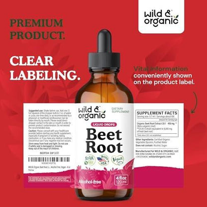 Wild & Organic Beet Root Extract Drops - Energy Support - Liquid Red Beets Supplements - 400 mg per Serving - Mix with Powder - Vegan, Sugar & Alcohol - 4 fl oz